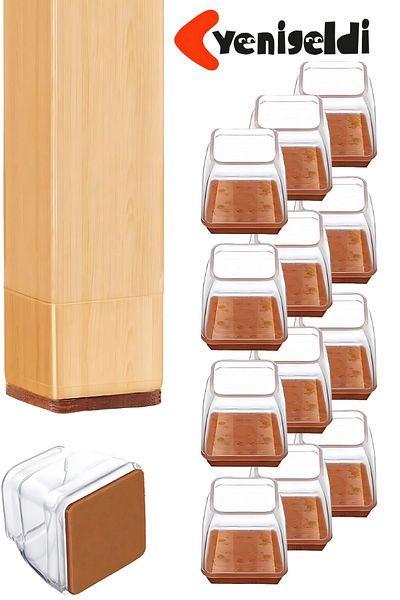 Yenigeldi 12 bucăți scaun pătrat Papucu (3,5–3,9 cm) din silicon transparent cu pâslă subțire de protecție pentru podea picior de mobilier