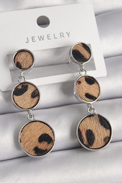 MBB ETİCARET Brass Silver Color 3-Piece Circle Plate Leopard Print Women's Earrings - Tj-Bkp9892