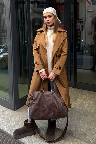 moda armanc Women's Double Breasted Collar Tan Trench Coat - 5918
