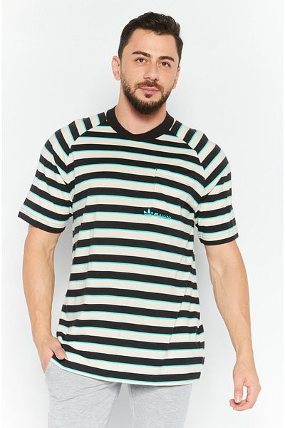 adidas Men Sportswear Fit Stripe Outdoor T-Shirts, Cream/Black/Turquoise