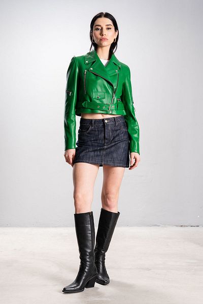 Dericlub Deri̇club Beyonce Women's Biker Real Leather Coat Green