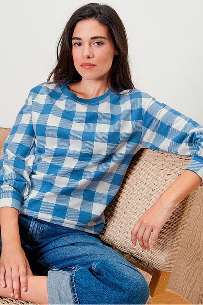 Tchibo Women Crew Neck Checkered Long Sleeve Sweatshirts, Blue/White