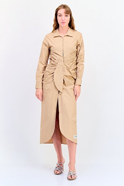 The Giving Movement Women Ruched Midi Dress, Tan