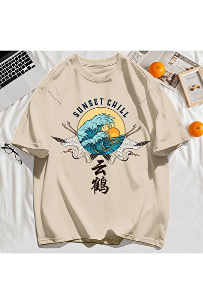 StartMore تي شيرت Y2k Vintage تي شيرت Sunset Chill Cloud Cranes And Waves Print