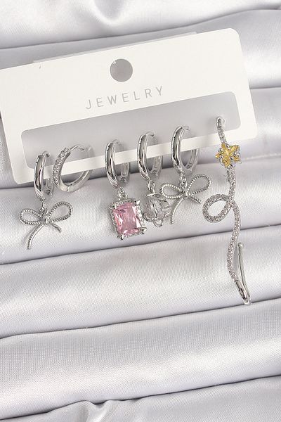 MBB ETİCARET Brass Silver Dangle Ribbon Comet Figure Pink Square Zircon Stone Women's Earring Set