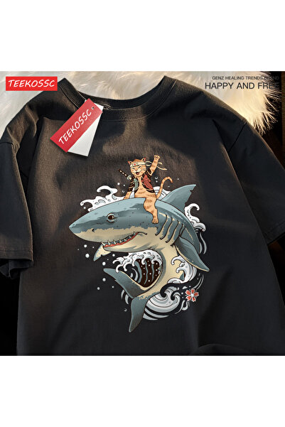 StartMore تي شيرت Y2k Vintage تي شيرت ياباني هاراجوكو لركوب سمكة القرش والقطط