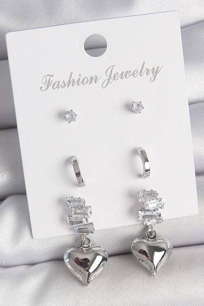 MBB ETİCARET Brass Silver Zircon Stone Dangle Heart Model Half Ring 3 Çfit Women's Earring Set