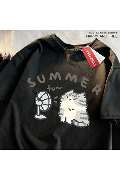 StartMore Y2K Vintage T-Shirt Tee Fun Hair Dryer Fan Cat Japanese Style