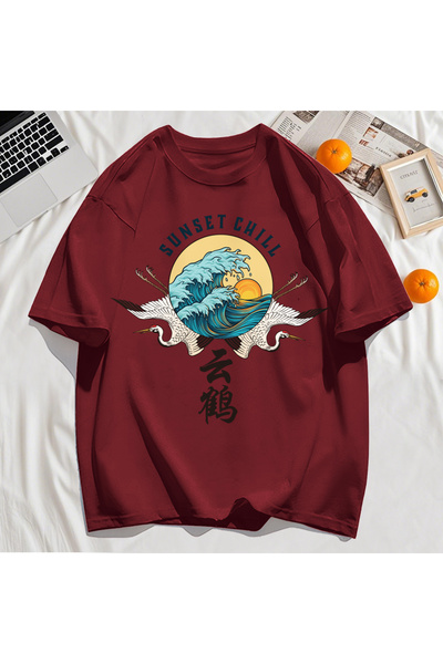 StartMore Y2K Vintage T-Shirt Tee Sunset Chill Cloud Cranes and Waves Print