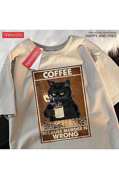 StartMore تي شيرت Y2k Vintage تي شيرت Cos Murder Wrong Black Cat Coffee