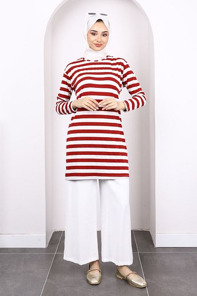 İmajButik Burgundy Striped Long Sleeve Tunic
