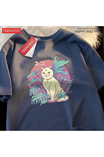 StartMore Y2k Vintage Tişört Tee Japon Harajuku hilal kedi