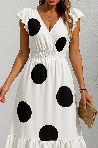 Butik Women's Short Sleeve Double Breasted Collar Elastic Waist Patterned Maxi Length Knitted Crepe Dress
