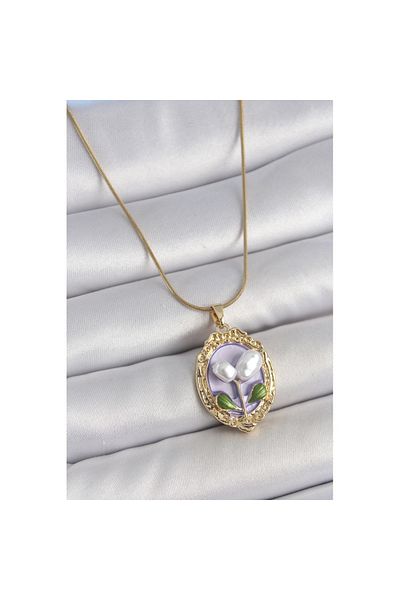 Skygo 316L Steel Gold Color Purple Pearl Flower Embroidered Portrait Model Women's Necklace - Tj-Bko10146