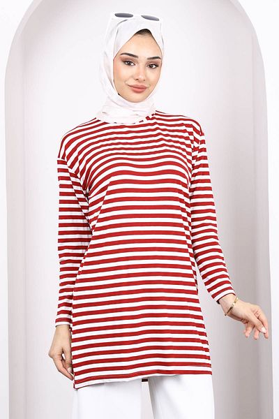 İmajButik Burgundy Striped Long Sleeve Tunic