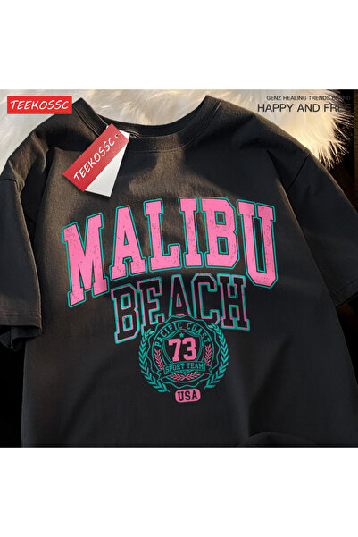 StartMore تي شيرت Y2k Vintage تي شيرت Malibu Beach بطباعة حروف بسيطة