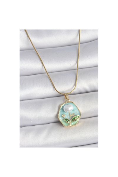 Skygo 316L Steel Gold Color Chain Blue Flower Embroidered Pearl Embroidered Portrait Model Women's Necklace - Tj-Bko10126