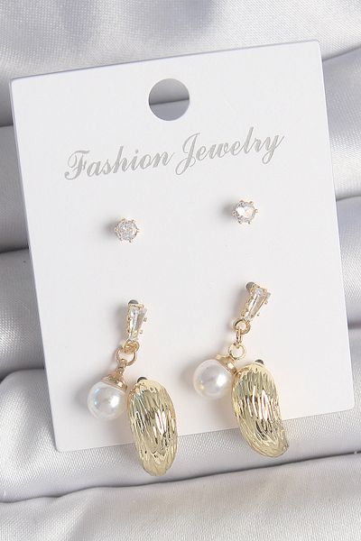 MBB ETİCARET Brass Gold Zircon Stone Pearl Dangle Embroidered Drop Model 3 Pairs Women's Earring Set