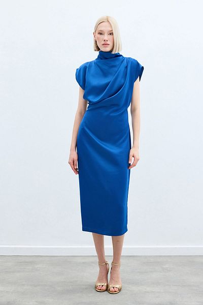 Sateen Μακρύ φόρεμα με λεπτομέρεια με κουμπί - Sax Blue