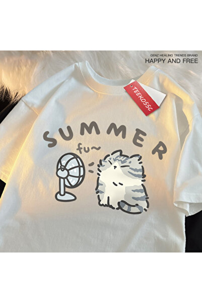 StartMore Y2K Vintage T-Shirt Tee Fun Hair Dryer Fan Cat Japanese Style