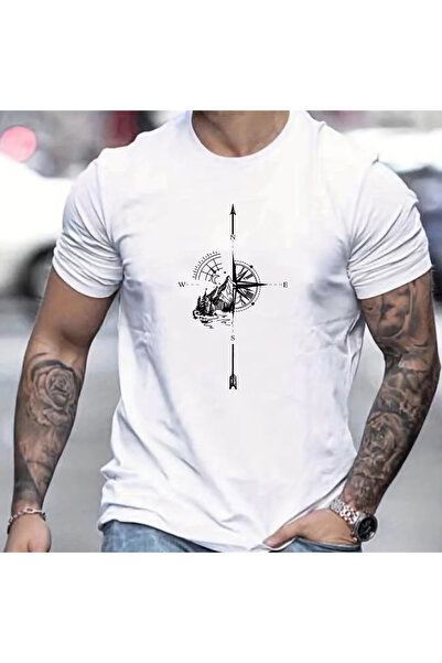 StartMore Y2K Vintage T-Shirt Tee Cotton Mountain Compass Pattern Print