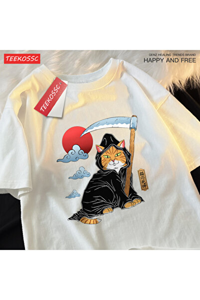 StartMore تي شيرت Y2k Vintage تي شيرت ياباني Harajuku Death Scythe Cat