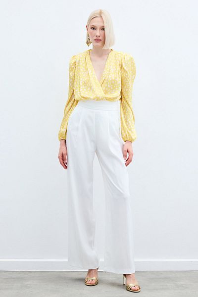 Sateen Double Breasted Patterned Bodysuit - Yellow