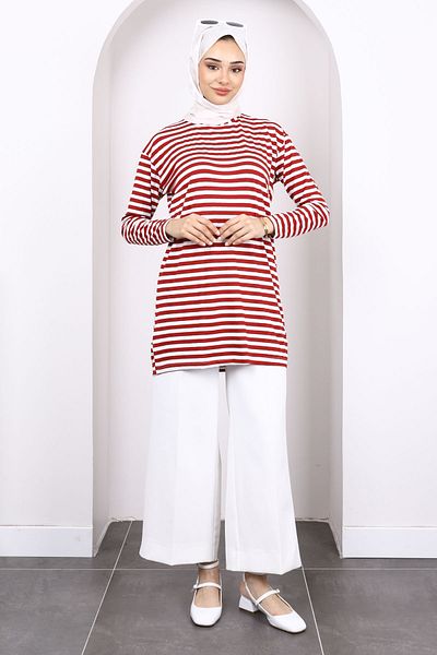 İmajButik Burgundy Striped Long Sleeve Tunic