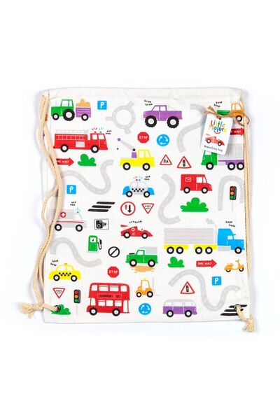 Puckator Ghiozdan tip saculet cu snur, rucsac sport/gradinita, bumbac, Little Motors, tematica autovehicule