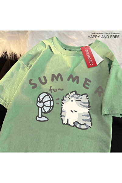 StartMore Y2K Vintage T-Shirt Tee Fun Hair Dryer Fan Cat Japanese Style