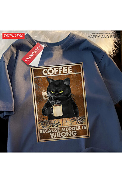 StartMore تي شيرت Y2k Vintage تي شيرت Cos Murder Wrong Black Cat Coffee