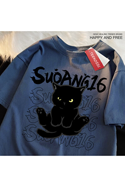 StartMore Y2k Vintage Tişört Tee Eğlenceli siyah kedi baskı japon tarzı