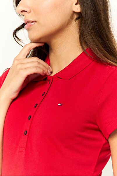 Tommy Hilfiger Women Spread Collar Short Sleeves Brand Logo Polo Shirt, Red