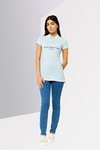 Tommy Hilfiger Women Spread Collar Short Sleeve Brand Logo Polo Shirt, Blue