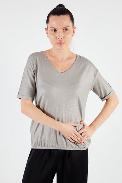 Scuderia Ferrari Women V-Neck Short Sleeve Metallic Blouse, Grey/Silver