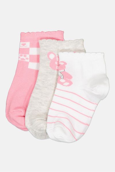 Bebe Kids Girl 3 Pairs Printed Quarter Socks, Multicolor