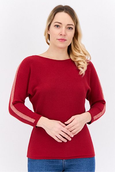 Buzz Women Round Neck Metallic Detail Sweater, Red