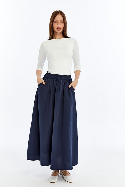 MA ananas Navy Blue Elastic Waist Flared Skirt Ma899