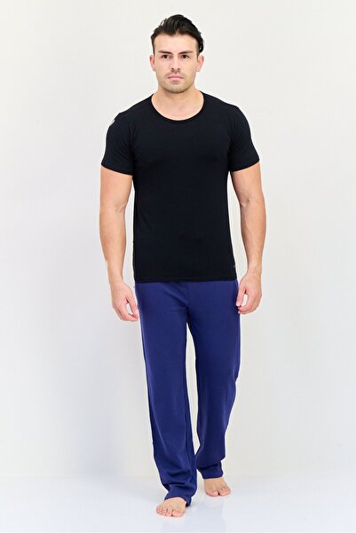 SLOGGI قميص داخلي رجالي من قطعتين برقبة دائرية وأكمام قصيرة وشعار العلامة التجارية، أسود