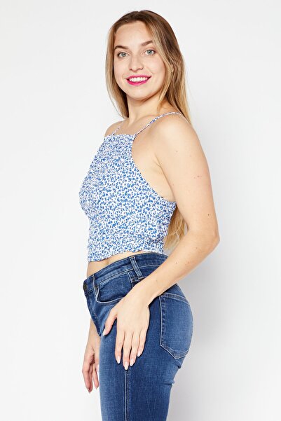 Don't Call Me Jennyfer Women Square Neck Sleeveless Floral Print Top, White/Blue