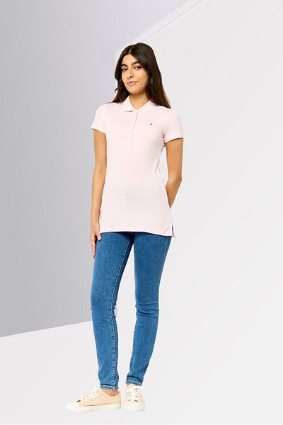 Tommy Hilfiger Women Slim Fit Brand Logo Short Sleeves Polo Shirt, Pink