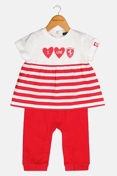Scuderia Ferrari Toddlers Girl 2 in 1 Short Sleeve Stripe Romper, Red Combo