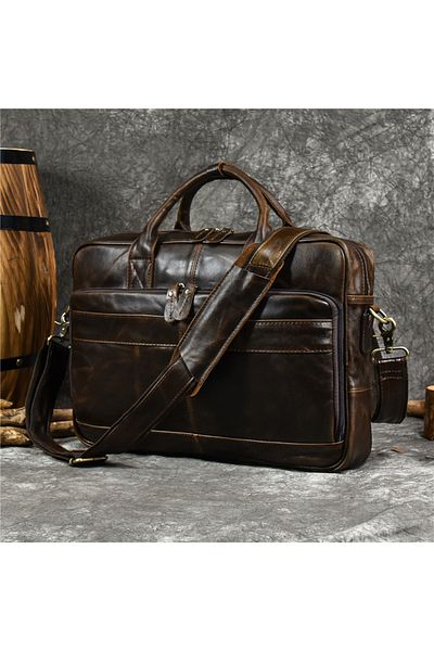 USSPY Leather laptop bag 16", shoulder, USSPY, large document capacity, trolley attachment system, brown