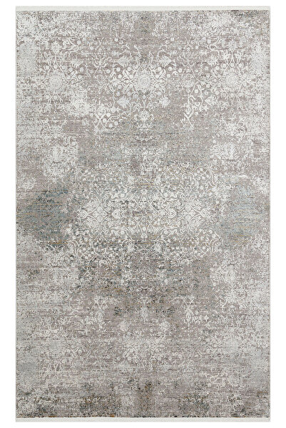 Vog Halı Lidya Etknik Desen Eskitme Krem Gri Rengi Bambu Viskon Akrilik Sık D...