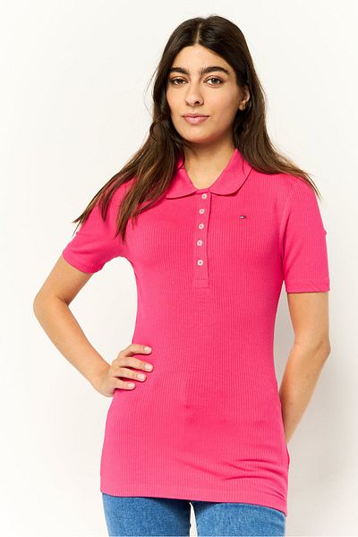 Tommy Hilfiger Women Spread Collar Short Sleeve Brand Logo Polo Shirt, Pink