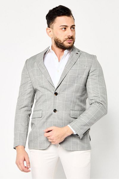Tommy Hilfiger Men Regular Fit Windowpane Pattern Semi Formal Blazer, Light Grey