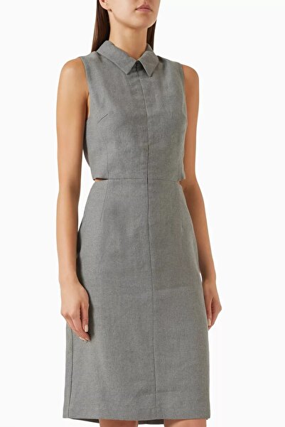 12storeez Dark Gray Linen Blend Midi Dress, Two Piece Look Summer Dress Dark ...