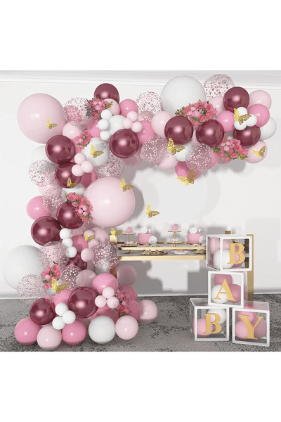 Baloane Vesele Kit Arcada Evenimente 130 Piese Roz cu Fluturasi ARC9