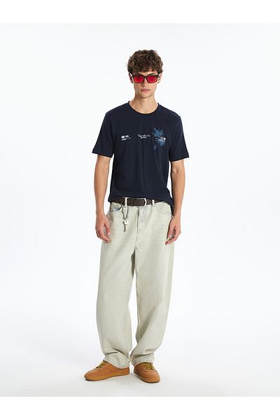 LC Waikiki Ανδρικό μπλουζάκι με λαιμόκοψη Navy Blue 100% βαμβακερό εμπριμέ χτενισμένο βαμβακερό
