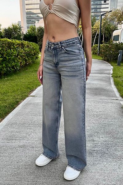 BİKELİFE Women's High Waist Stretchy Faded Effect Vintage Wide Leg Wide Leg Casual Jean